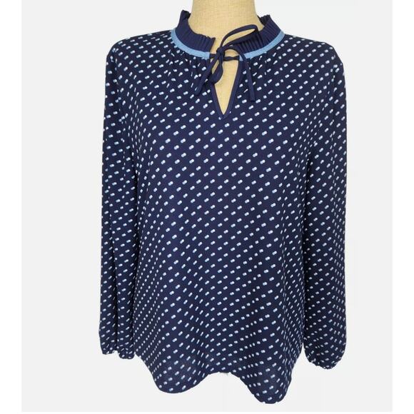 Talbots Tops - TALBOTS Navy Polka Dot Pleated Tie Neck Long Sleeve Blouse Business Large NWT